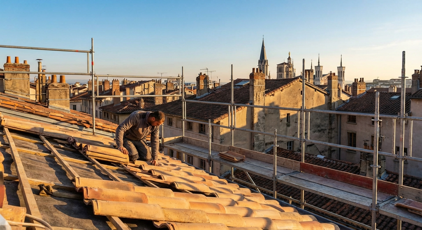 Couvreur professionnel travaillant sur un toit a Lyon